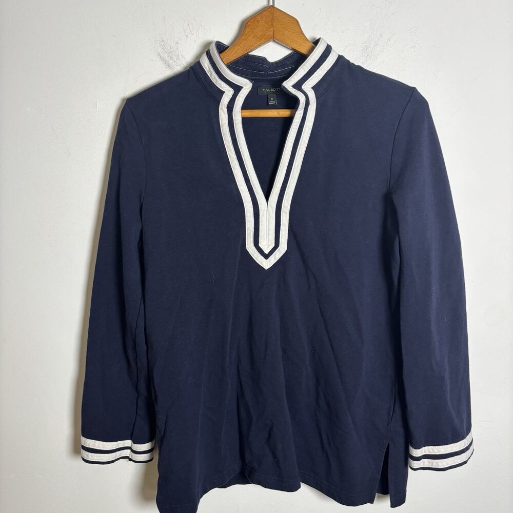 Talbots V Neck Nautical Tunic Top Navy Blue Size Small